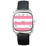 Horizontal Stripes - White and Flamingo Pink Square Metal Watch