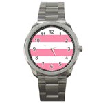 Horizontal Stripes - White and Flamingo Pink Sport Metal Watch