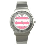 Horizontal Stripes - White and Flamingo Pink Stainless Steel Watch