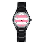Horizontal Stripes - White and Flamingo Pink Stainless Steel Round Watch
