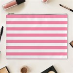 Horizontal Stripes - White and Flamingo Pink Cosmetic Bag (XL)
