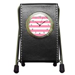 Horizontal Stripes - White and Flamingo Pink Pen Holder Desk Clock