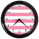 Horizontal Stripes - White and Flamingo Pink Wall Clock (Black)