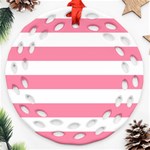 Horizontal Stripes - White and Flamingo Pink Round Filigree Ornament (Two Sides)