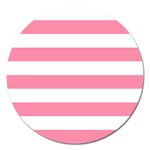 Horizontal Stripes - White and Flamingo Pink Magnet 5  (Round)