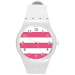 Horizontal Stripes - White and Dark Pink Round Plastic Sport Watch (M)