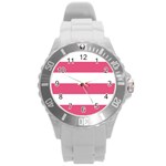 Horizontal Stripes - White and Dark Pink Round Plastic Sport Watch (L)