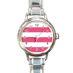 Horizontal Stripes - White and Dark Pink Round Italian Charm Watch
