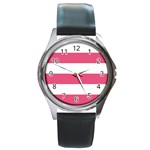 Horizontal Stripes - White and Dark Pink Round Metal Watch