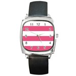Horizontal Stripes - White and Dark Pink Square Metal Watch