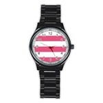 Horizontal Stripes - White and Dark Pink Stainless Steel Round Watch