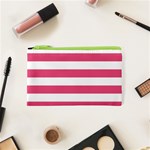 Horizontal Stripes - White and Dark Pink Canvas Cosmetic Bag (XS)
