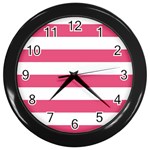 Horizontal Stripes - White and Dark Pink Wall Clock (Black)
