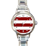 Horizontal Stripes - White and Dark Red Round Italian Charm Watch
