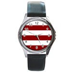 Horizontal Stripes - White and Dark Red Round Metal Watch