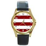 Horizontal Stripes - White and Dark Red Round Gold Metal Watch