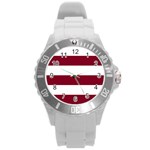 Horizontal Stripes - White and Burgundy Red Round Plastic Sport Watch (L)