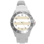 Horizontal Stripes - White and Pearl Brown Round Plastic Sport Watch (L)
