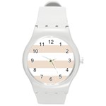 Horizontal Stripes - White and Almond Brown Round Plastic Sport Watch (M)