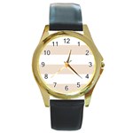 Horizontal Stripes - White and Almond Brown Round Gold Metal Watch