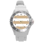 Horizontal Stripes - White and Tan Brown Round Plastic Sport Watch (L)