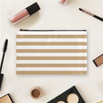 Horizontal Stripes - White and Tan Brown Cosmetic Bag (M)
