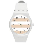 Horizontal Stripes - White and Pastel Brown Round Plastic Sport Watch (M)
