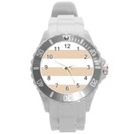 Horizontal Stripes - White and Pastel Brown Round Plastic Sport Watch (L)