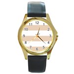 Horizontal Stripes - White and Pastel Brown Round Gold Metal Watch