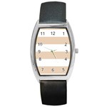 Horizontal Stripes - White and Pastel Brown Barrel Style Metal Watch