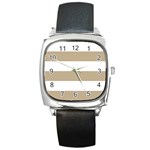 Horizontal Stripes - White and Khaki Brown Square Metal Watch