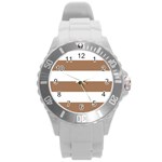 Horizontal Stripes - White and French Beige Round Plastic Sport Watch (L)