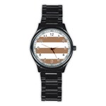 Horizontal Stripes - White and French Beige Stainless Steel Round Watch