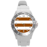 Horizontal Stripes - White and Brown Round Plastic Sport Watch (L)