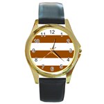 Horizontal Stripes - White and Brown Round Gold Metal Watch