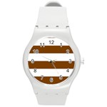 Horizontal Stripes - White and Chocolate Brown Round Plastic Sport Watch (M)