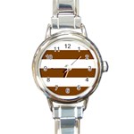 Horizontal Stripes - White and Chocolate Brown Round Italian Charm Watch