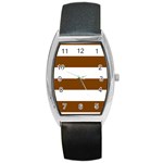 Horizontal Stripes - White and Chocolate Brown Barrel Style Metal Watch