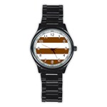Horizontal Stripes - White and Chocolate Brown Stainless Steel Round Watch