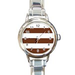 Horizontal Stripes - White and Auburn Brown Round Italian Charm Watch