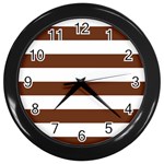 Horizontal Stripes - White and Auburn Brown Wall Clock (Black)