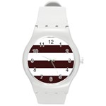 Horizontal Stripes - White and Dark Sienna Brown Round Plastic Sport Watch (M)