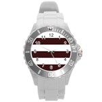 Horizontal Stripes - White and Dark Sienna Brown Round Plastic Sport Watch (L)
