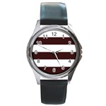 Horizontal Stripes - White and Dark Sienna Brown Round Metal Watch