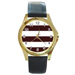 Horizontal Stripes - White and Dark Sienna Brown Round Gold Metal Watch