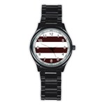 Horizontal Stripes - White and Dark Sienna Brown Stainless Steel Round Watch
