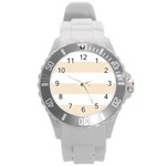 Horizontal Stripes - White and Champagne Orange Round Plastic Sport Watch (L)