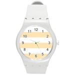 Horizontal Stripes - White and Peach Orange Round Plastic Sport Watch (M)