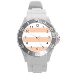 Horizontal Stripes - White and Apricot Orange Round Plastic Sport Watch (L)