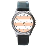 Horizontal Stripes - White and Apricot Orange Round Metal Watch